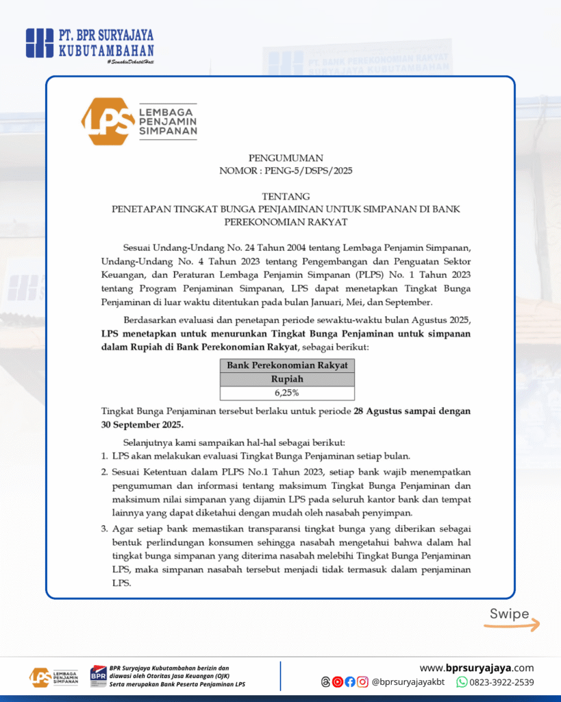 LPS Turunkan Tingkat Bunga Penjaminan, BPR Suryajaya Kubutambahan Ikut Sesuaikan 3 Konten Tgl 27 Agustus 2025 Perubahan LPS 2 1